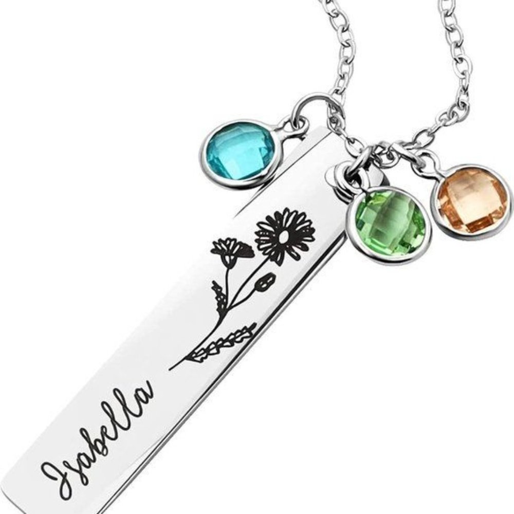 Silver Custom Birthstone Necklace Birth Flower Name Personalized Gift fo… - Picture 3 of 13
